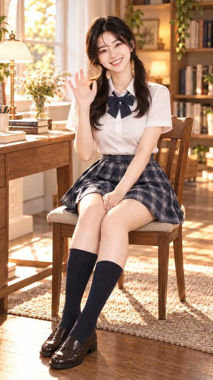 小暖JK装扮挥手打招呼，点击播放短片
